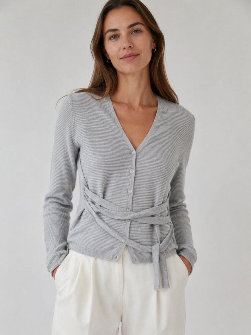 Les Copains Knit Cardigan Sweater Gray Lightweight Ballet Wrap Quiet Luxury Euro